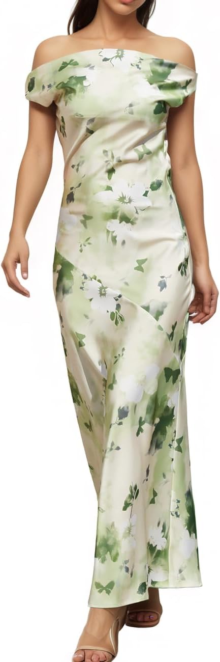 Women’s Floral Off-Shoulder Satin Maxi Dress 2026