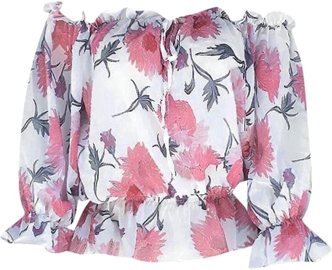 Keepink Off Shoulder Floral Print Top for Women – Sexy Oversized Batwing 3/4 Sleeve Chiffon Blouse with Ruffles Tie-Up Elegant Flowy Tunic Shirt for Party & Wedding