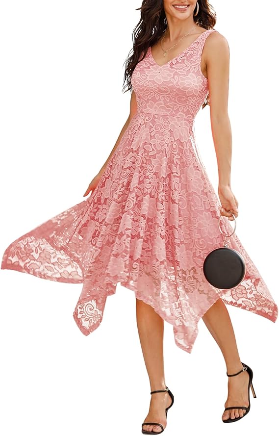 Women’s Lace Cocktail Party Dress 2026 – Elegant Handkerchief Hem Bridesmaid, Prom & Wedding Guest Formal Dress