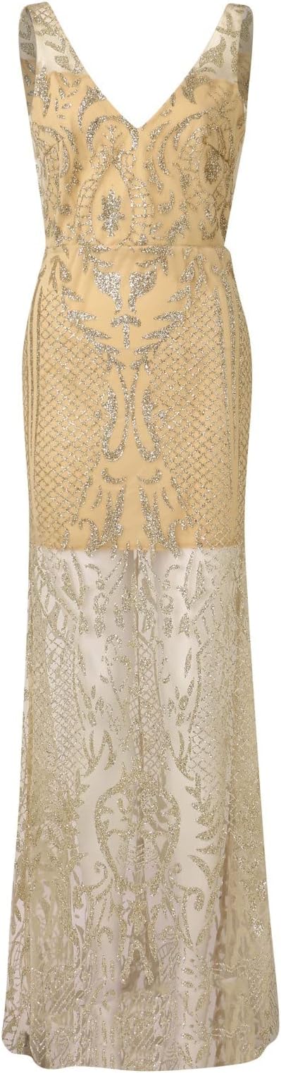 Women’s Elegant Evening Dress – Glitter V-Neck Sleeveless Backless Bodycon Maxi Dress, Wedding Guest & Bridesmaid Party Gown