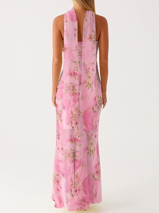 Women Summer Floral Strapless Maxi Dress – Sexy Sleeveless Backless Y2K Mesh Bodycon Tube Sundress with Scarf