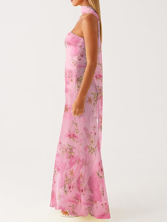 Women Summer Floral Strapless Maxi Dress – Sexy Sleeveless Backless Y2K Mesh Bodycon Tube Sundress with Scarf