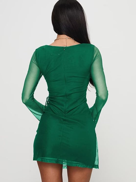 Women’s 2026 Mesh Mini Dress – Sexy Square Neck Long Sleeve Wrap Tie A-Line Party & Club Short Dress
