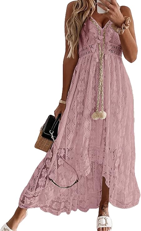 Women’s Summer Boho Maxi Dress – Slip Lace Up Tassel V-Neck Flare Ruffle Beach Dress for Vacation & Holiday