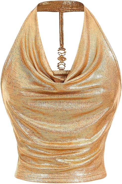 Women’s Cowl Neck Ruched Halter Top – Draped Metal Detail Slim Fit Elegant Party & Evening Top