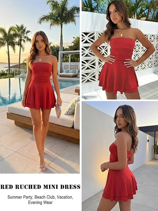Remxi Women’s Strapless Mini Dress – Sexy Tube Corset A-Line Party Dress with Ruched Detail & Ruffle Hem