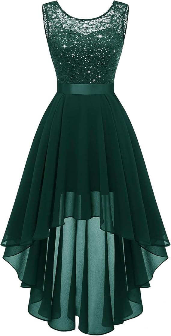 Women’s Floral Lace Chiffon Bridesmaid Dress – Hi-Lo Swing Formal Party Dress, Elegant Wedding Guest Gown