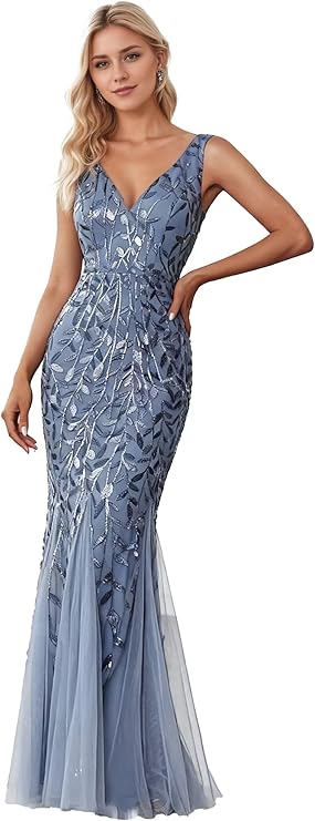 Women’s Sequin Tulle Mermaid Prom Dress – Sparkly V-Neck Long Evening Gown, Elegant Wedding & Cocktail Party Ball Dress