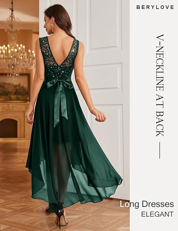 Women’s Floral Lace Chiffon Bridesmaid Dress – Hi-Lo Swing Formal Party Dress, Elegant Wedding Guest Gown