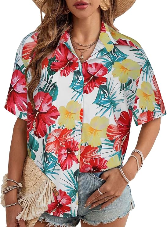 Women’s Hawaiian Shirt 2026 – Summer Floral Short Sleeve Button Down Beach Top, Casual Holiday Blouse