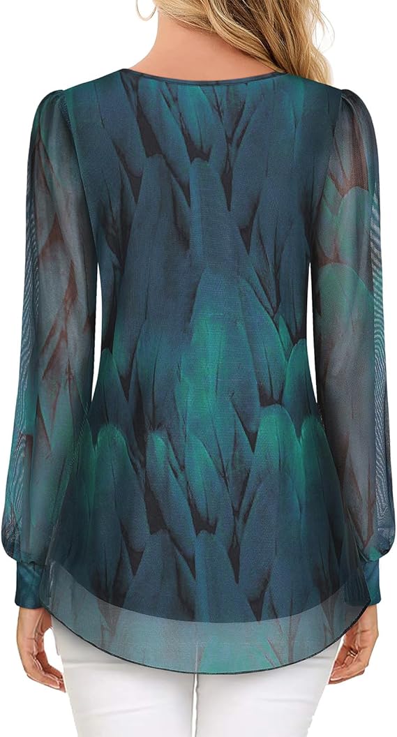 Women’s Chiffon Blouse – Long Sleeve Crew Neck Pleated Front Top, Loose Fit Double Layer Mesh Flowy Ladies Shirt
