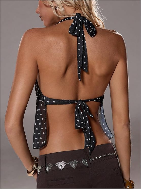 Women’s Polka Dot Mesh Halter Top – V Neck Backless Tie-Up Ruffled Flared Party Blouse