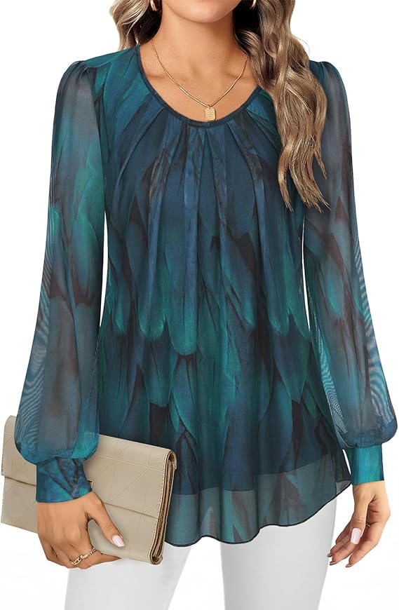 Women’s Chiffon Blouse – Long Sleeve Crew Neck Pleated Front Top, Loose Fit Double Layer Mesh Flowy Ladies Shirt
