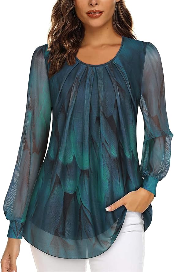 Women’s Chiffon Blouse – Long Sleeve Crew Neck Pleated Front Top, Loose Fit Double Layer Mesh Flowy Ladies Shirt
