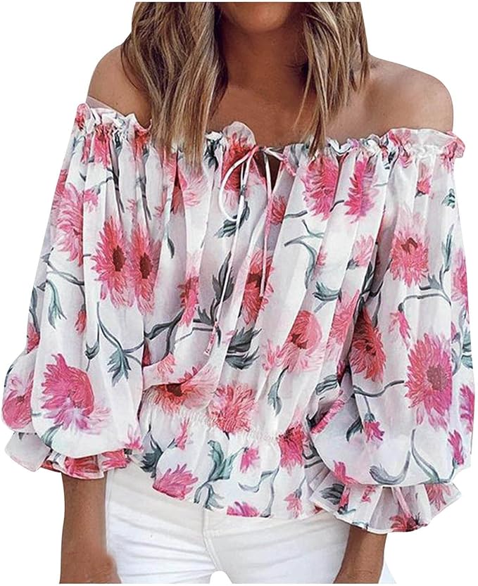 Keepink Off Shoulder Floral Print Top for Women – Sexy Oversized Batwing 3/4 Sleeve Chiffon Blouse with Ruffles Tie-Up Elegant Flowy Tunic Shirt for Party & Wedding