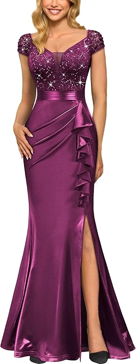 Women’s Classy Floral Lace Sequin Maxi Dress – Elegant Cap Sleeve Fishtail Prom & Cocktail Party Evening Gown