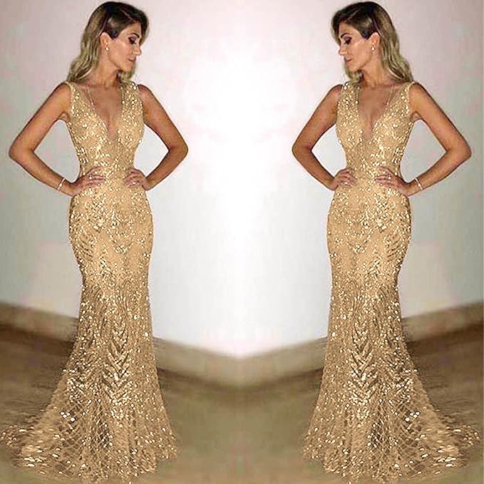 Women’s Elegant Evening Dress – Glitter V-Neck Sleeveless Backless Bodycon Maxi Dress, Wedding Guest & Bridesmaid Party Gown