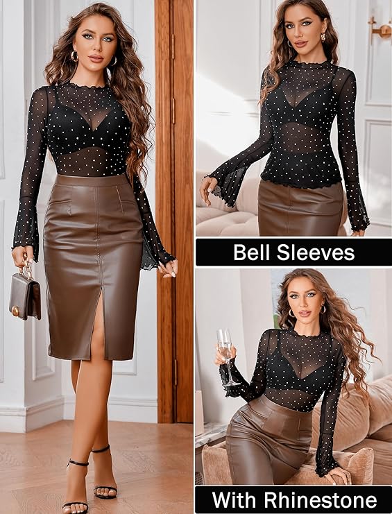 Women’s Mesh Rhinestone Top – Sheer Bell Sleeve Blouse with Scalloped Edge, Sexy See-Through Party Shirt