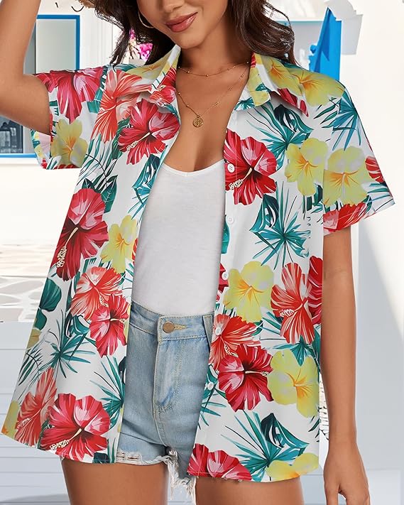 Women’s Hawaiian Shirt 2026 – Summer Floral Short Sleeve Button Down Beach Top, Casual Holiday Blouse