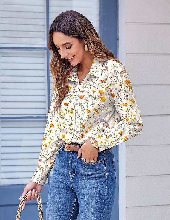 Women’s Long Sleeve Floral Shirt – Button Down Stretch Fitted Wrinkle-Free Blouse, Casual & Party Spring Tops