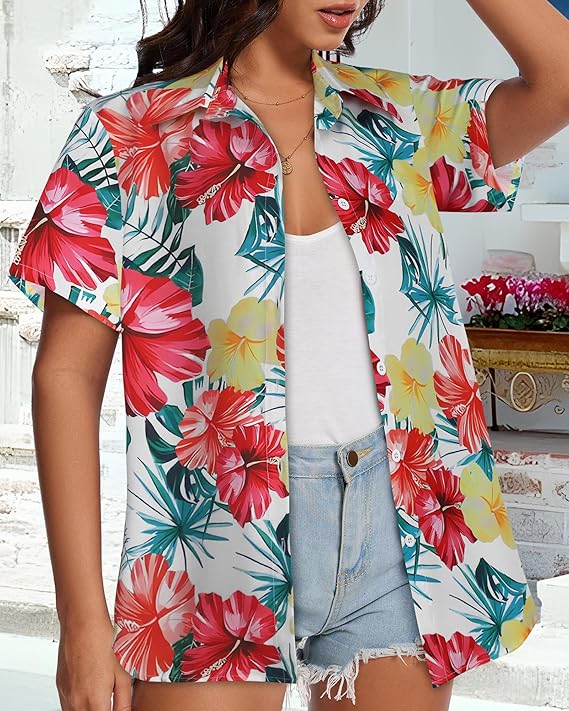 Women’s Hawaiian Shirt 2026 – Summer Floral Short Sleeve Button Down Beach Top, Casual Holiday Blouse