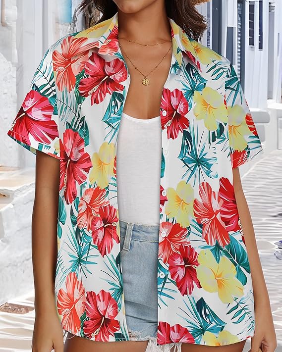 Women’s Hawaiian Shirt 2026 – Summer Floral Short Sleeve Button Down Beach Top, Casual Holiday Blouse
