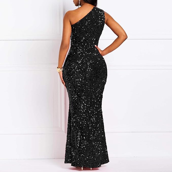 Sequins Fashion Sleeveless Maxi Dress – Elegant Oblique Collar Mermaid Bodycon Party Dress for Women Evening Events
