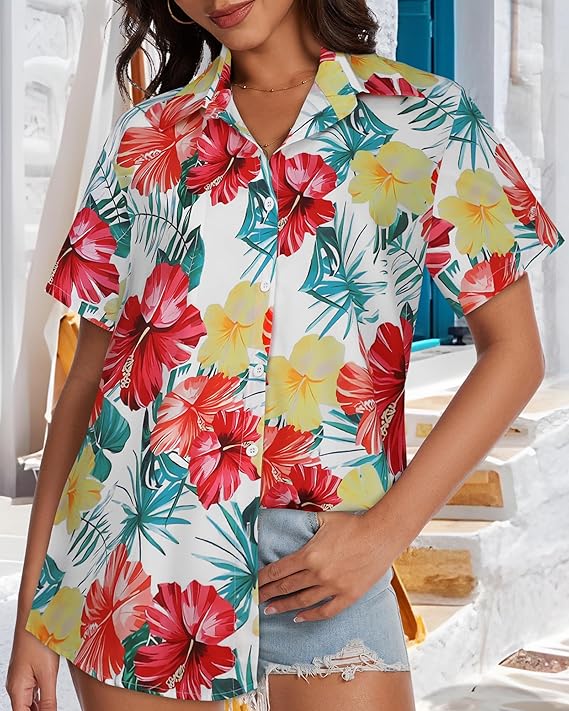 Women’s Hawaiian Shirt 2026 – Summer Floral Short Sleeve Button Down Beach Top, Casual Holiday Blouse