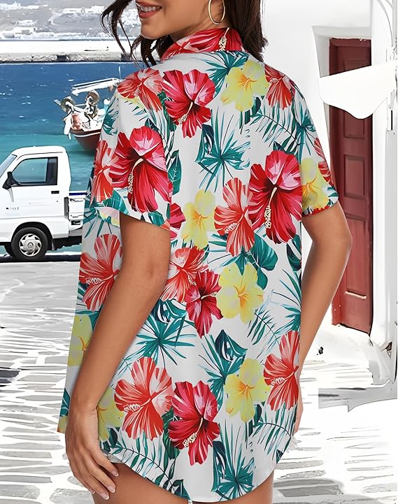 Women’s Hawaiian Shirt 2026 – Summer Floral Short Sleeve Button Down Beach Top, Casual Holiday Blouse
