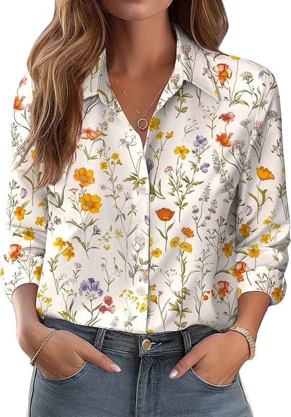 Women’s Long Sleeve Floral Shirt – Button Down Stretch Fitted Wrinkle-Free Blouse, Casual & Party Spring Tops