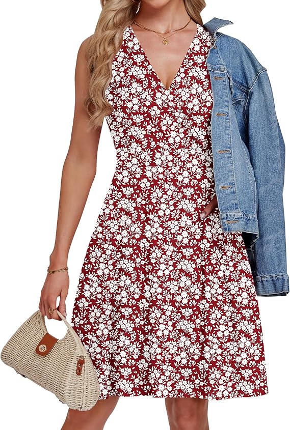 Women’s Summer V-Neck Sleeveless Dress – Floral Print Casual Beach Mini Dress with Pockets