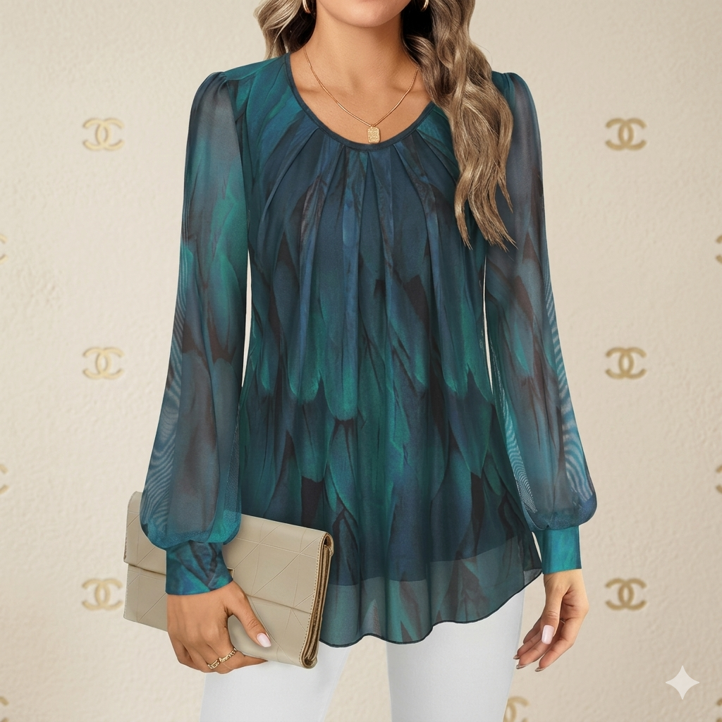 Women’s Chiffon Blouse – Long Sleeve Crew Neck Pleated Front Top, Loose Fit Double Layer Mesh Flowy Ladies Shirt