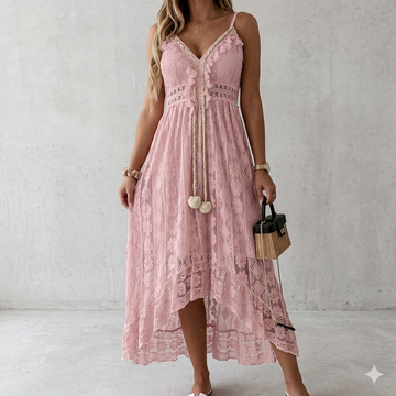 Women’s Summer Boho Maxi Dress – Slip Lace Up Tassel V-Neck Flare Ruffle Beach Dress for Vacation & Holiday
