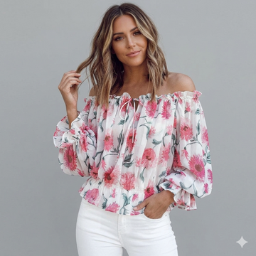 Keepink Off Shoulder Floral Print Top for Women – Sexy Oversized Batwing 3/4 Sleeve Chiffon Blouse with Ruffles Tie-Up Elegant Flowy Tunic Shirt for Party & Wedding