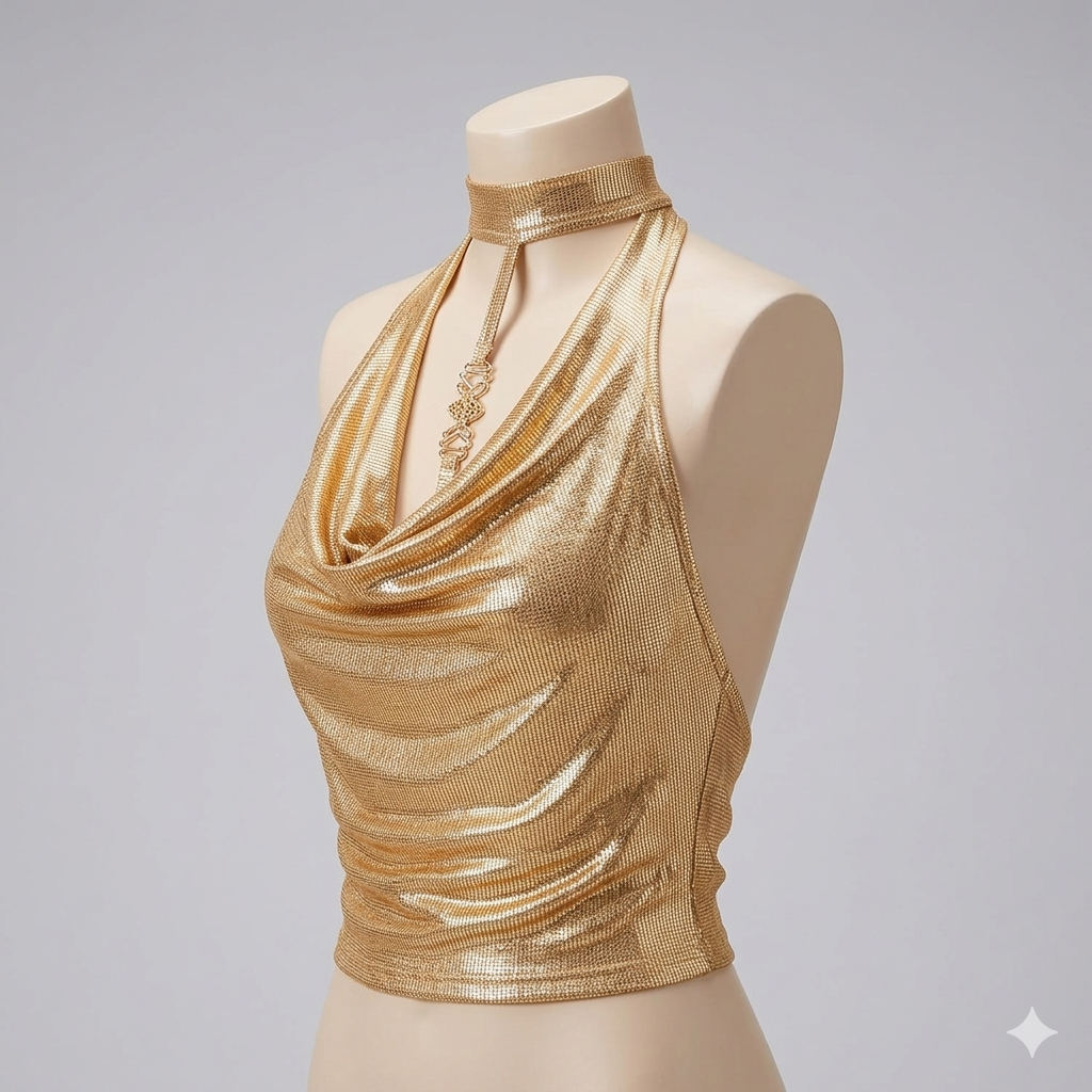 Women’s Cowl Neck Ruched Halter Top – Draped Metal Detail Slim Fit Elegant Party & Evening Top