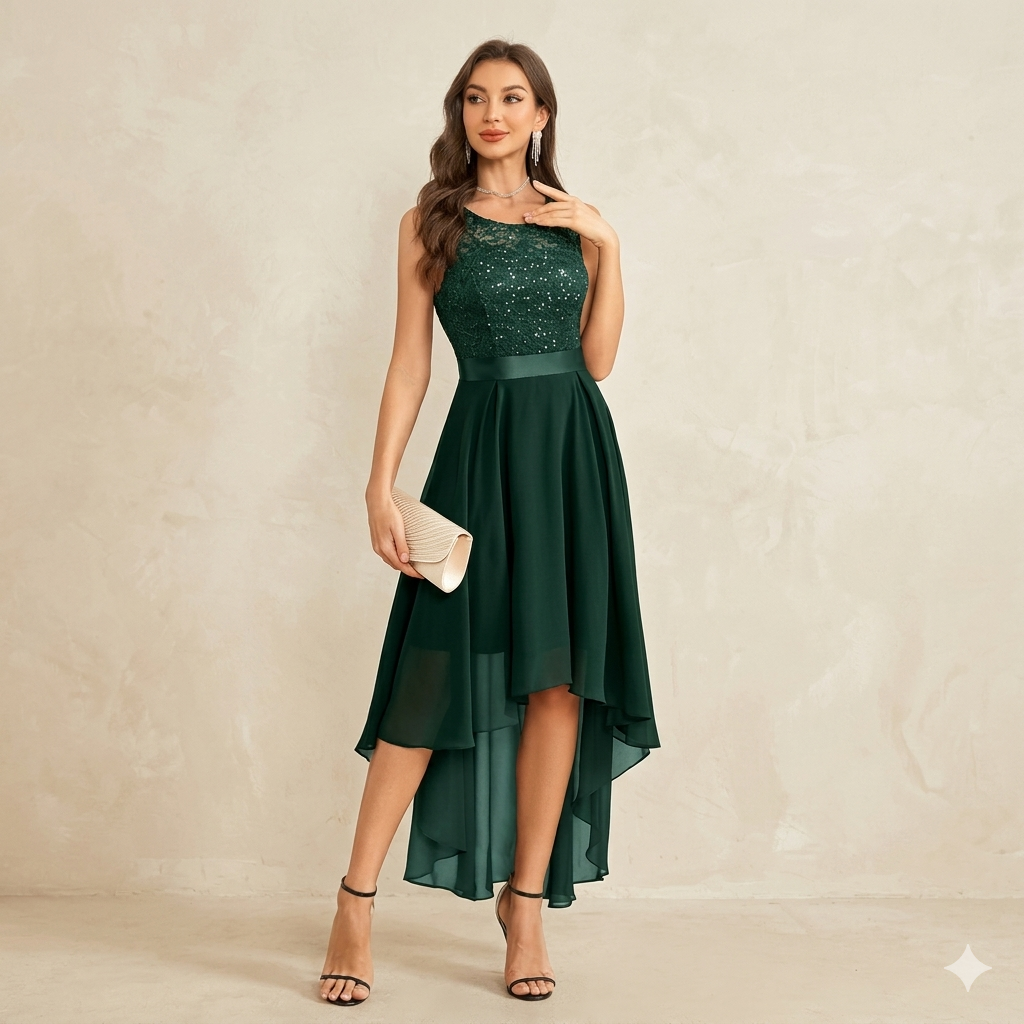 Women’s Floral Lace Chiffon Bridesmaid Dress – Hi-Lo Swing Formal Party Dress, Elegant Wedding Guest Gown