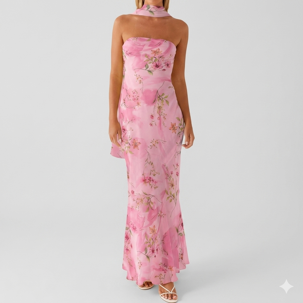 Women Summer Floral Strapless Maxi Dress – Sexy Sleeveless Backless Y2K Mesh Bodycon Tube Sundress with Scarf