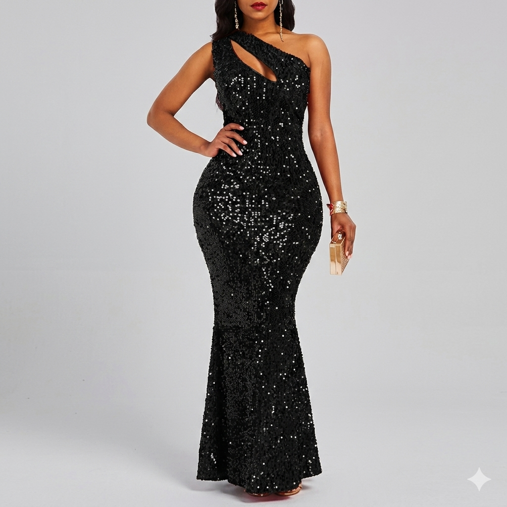 Sequins Fashion Sleeveless Maxi Dress – Elegant Oblique Collar Mermaid Bodycon Party Dress for Women Evening Events